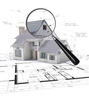 Illustrated House on top of technical map with magnifying glass